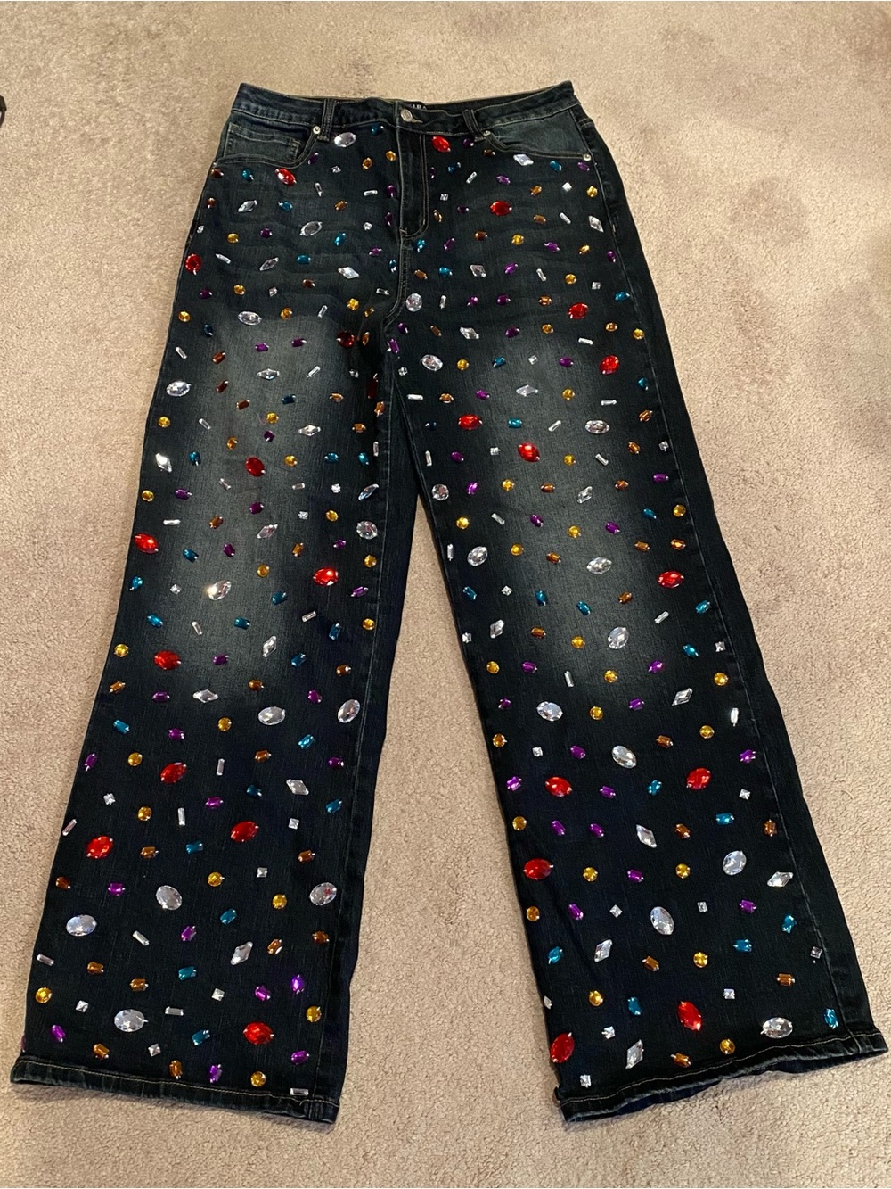 AKIRA Dark Denim Wide-Leg Jeans with Multicolor Gem Print